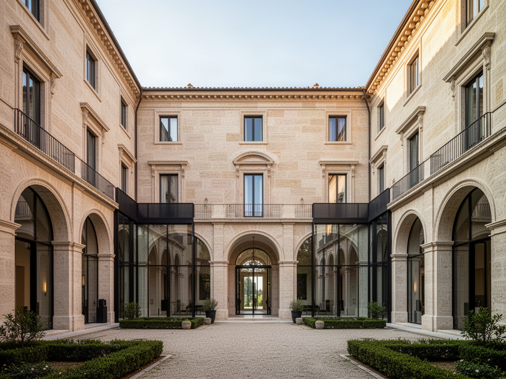 Immagine illustrativa di un palazzo storico italiano restaurato, con cortile e portici